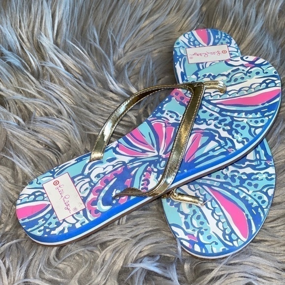Lilly Pulitzer for Target Shoes - EUC Lilly Pulitzer x Target Pink Blue Sea Fan Gold Strap Flip Flops Size 7